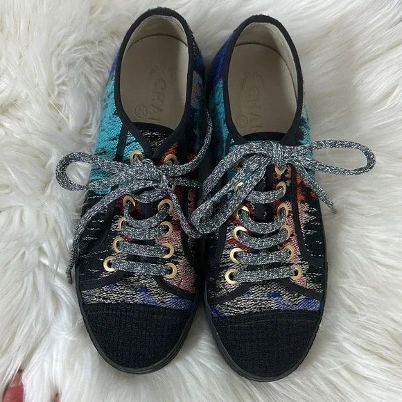 CHANEL Interlocking CC Multicolor Tweed Sneakers 38 - Picture 3 of 11